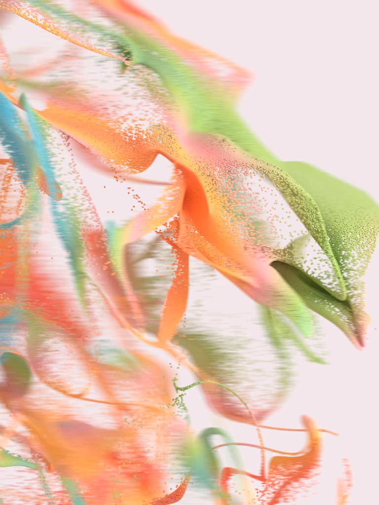 Vibrant abstract swirls of green, orange, pink, and blue.